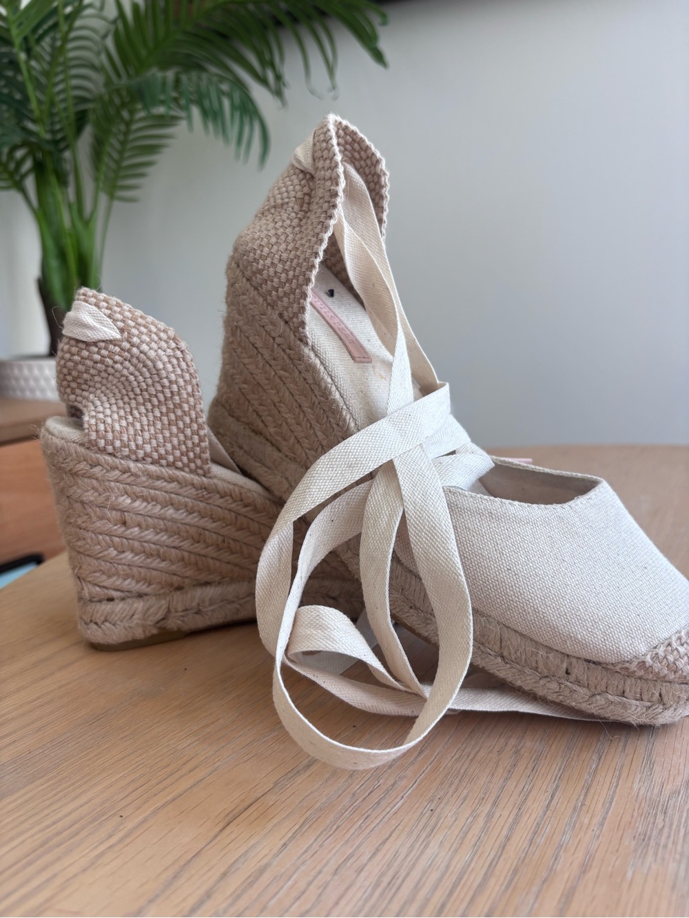 Natural Canvas Espadrille Wedge with Ankle Tie - Brand is Pull & Bear